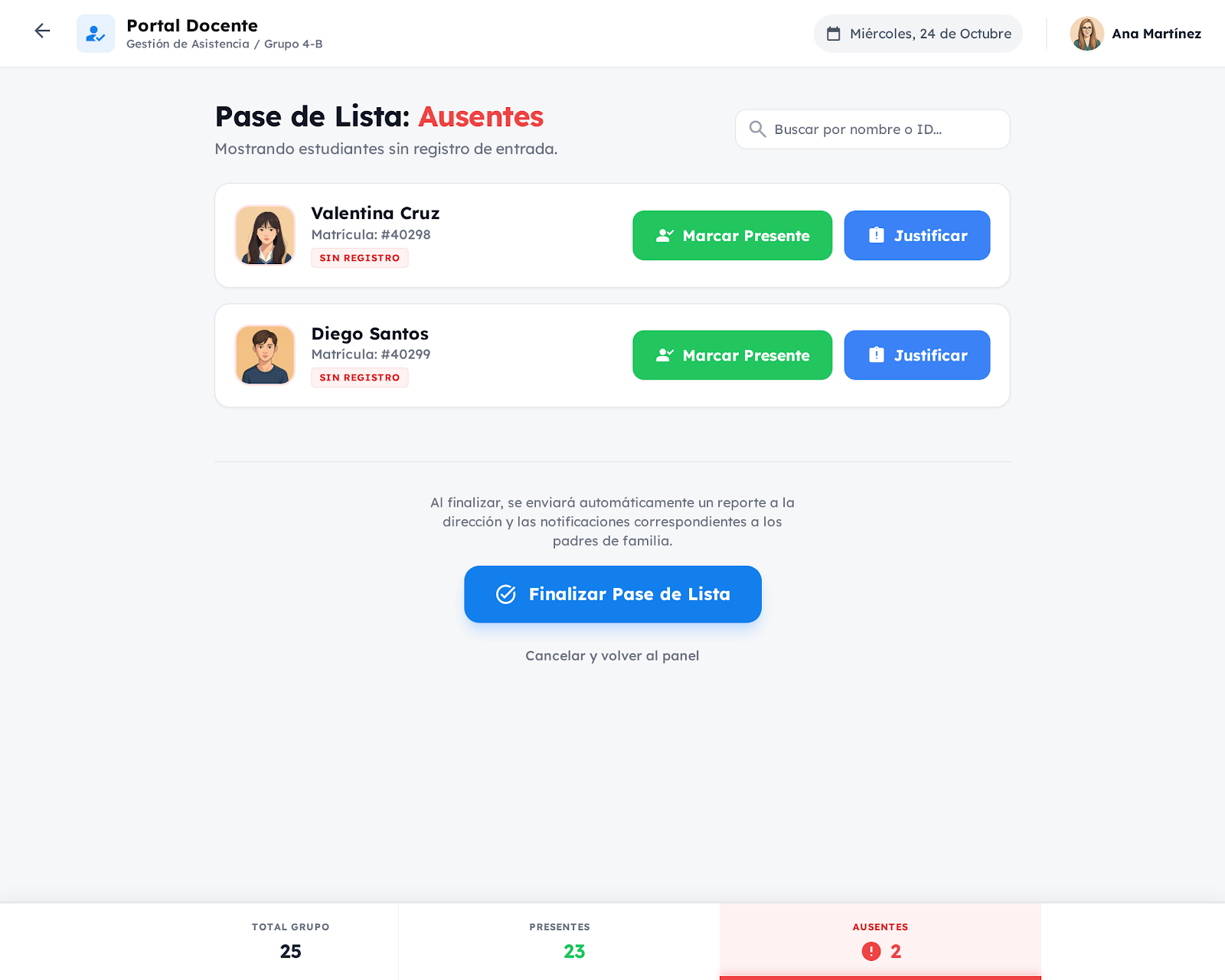 Pase de lista virtual para profesores